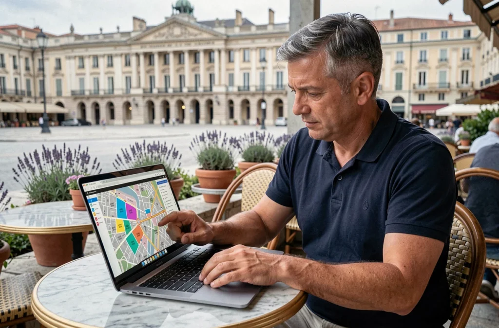 Homme consultant une carte des arrondissements et codes postaux de Montpellier sur un ordinateur portable en terrasse de café