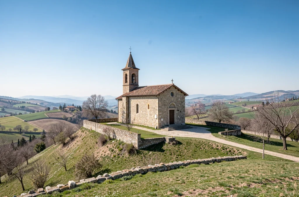 Petit sanctuaire de pierre sur une colline italienne au printemps